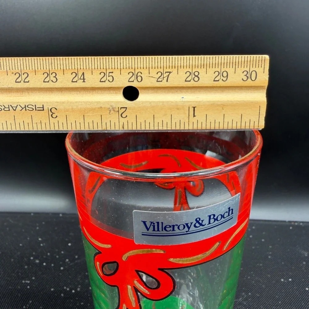 Villeroy & Boch Christmas Highball Glasses Set‎ 4 Red Ribbon Green France NEW